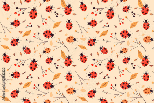 Ladybugs and autumn leaves create a charming seamless pattern on a beige background, perfect for seasonal decoration.