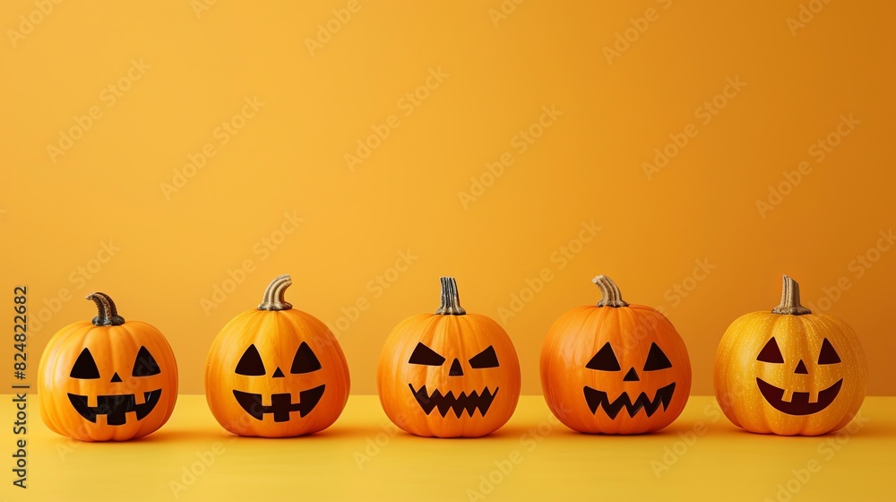 Tidy row of Halloween pumpkins with copy space. Seasonal festive arrangement Tidy row of Halloween pumpkins with copy space. Seasonal festive arrangement
