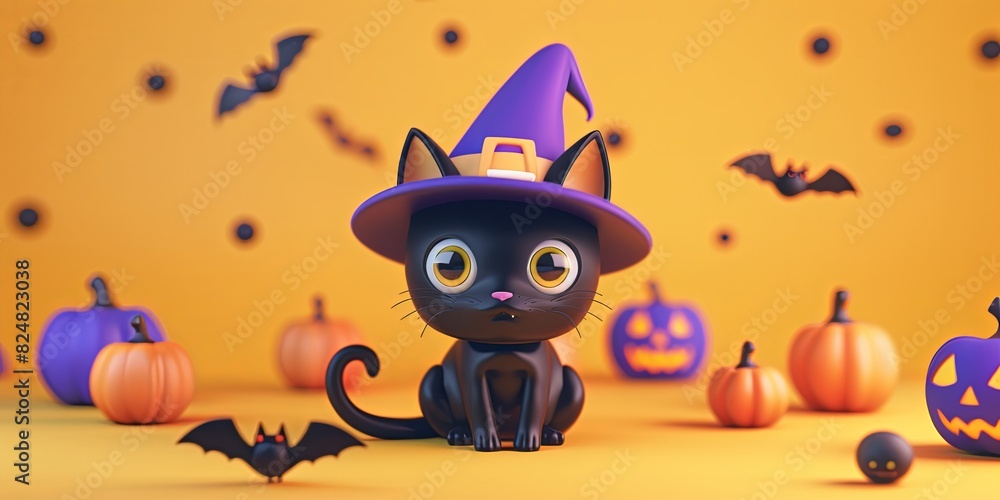 Cute black cat in witch hat with Halloween pumpkins and bats. Spooky holiday illustration Cute black cat in witch hat with Halloween pumpkins and bats. Spooky holiday illustration