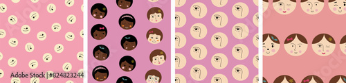 Four surface patterns pack, beautiful girlish faces. Bright colorful composition, lady visage, repeating print.