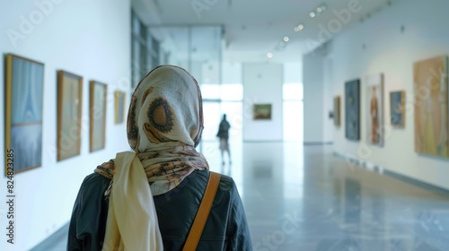 View from behind of a beautiful young Muslim woman in a headscarf hijab veil walking around inside a museum looking at an photo frame art exhibition. photo