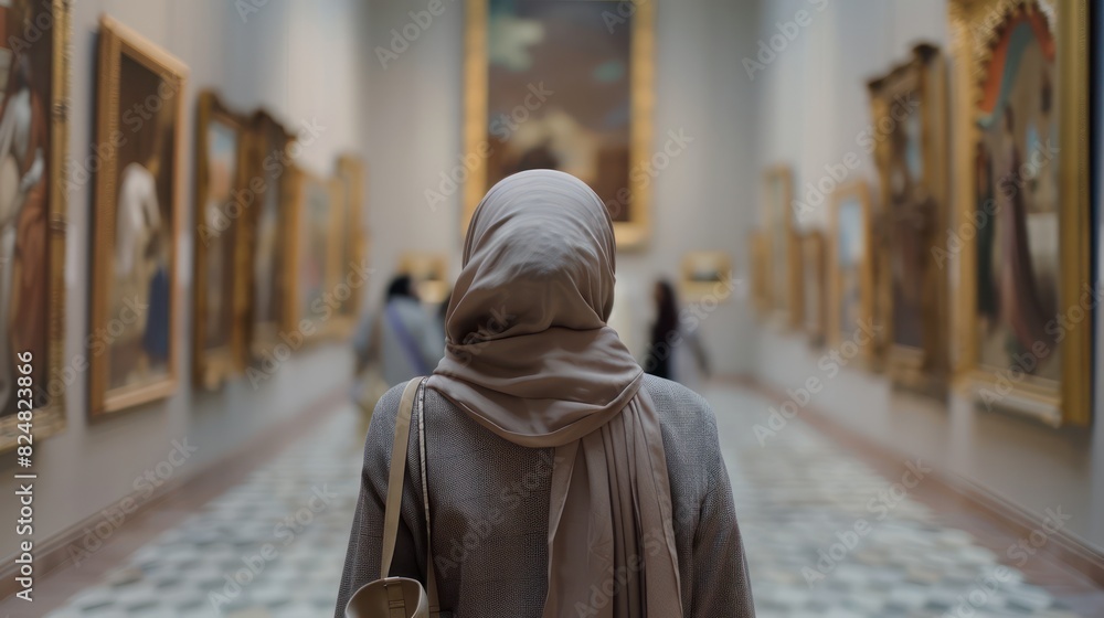 View from behind of a beautiful young Muslim woman in a headscarf hijab veil walking around inside a museum looking at an photo frame art exhibition. View from behind of a beautiful young Muslim woman in a headscarf hijab veil walking around inside a museum looking at an photo frame art exhibition.