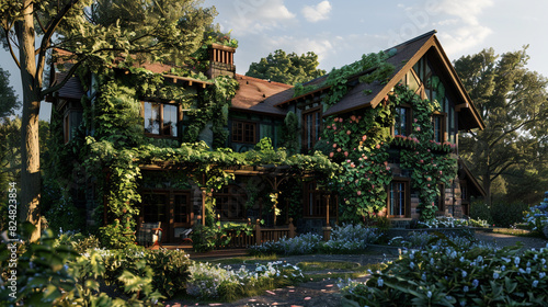 A Craftsman house with a side pergola covered in climbing vines  the leaves and flowers distinct and lush 