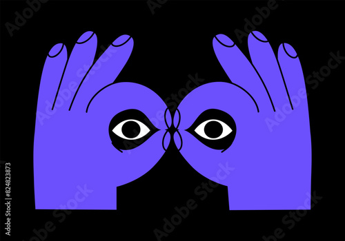 Hand drawn cute cartoon illustration binoculars hand gesture with eyes. Flat vector searching or watching arm sign sticker doodle style. Discover or explore icon. Searching for opportunity. Isolated.