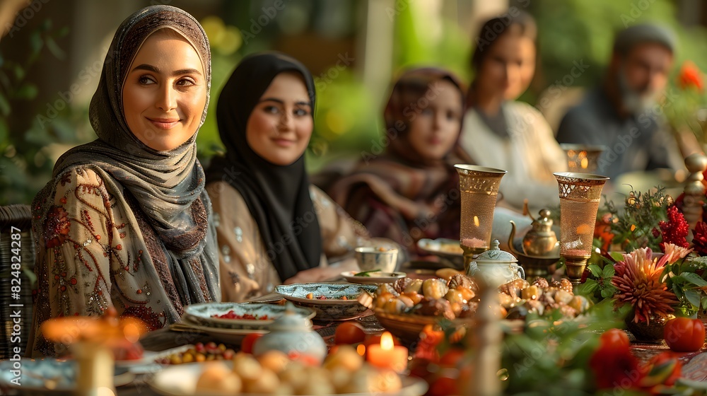 A family gathered around a beautifully set table for Iftar, the meal to break the fast, sharing food and joy. List of Art Media Photograph inspired by Spring magazine A family gathered around a beautifully set table for Iftar, the meal to break the fast, sharing food and joy. List of Art Media Photograph inspired by Spring magazine