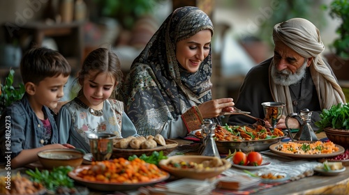 A family gathered around a beautifully set table for Iftar  the meal to break the fast  sharing food and joy. List of Art Media Photograph inspired by Spring magazine
