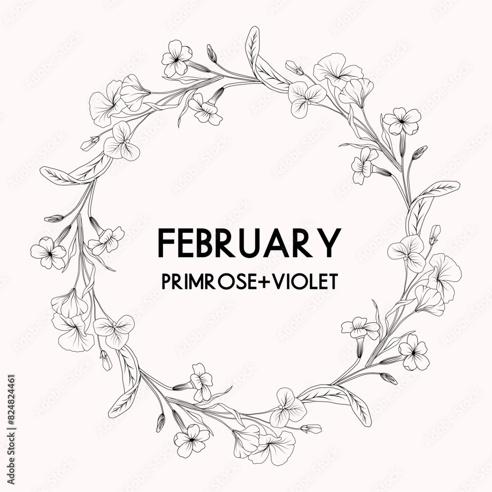 February birth month flower wreath, primrose and violet flower border, vector hand drawn isolated line art botanical frame for greeting cards and invitations
