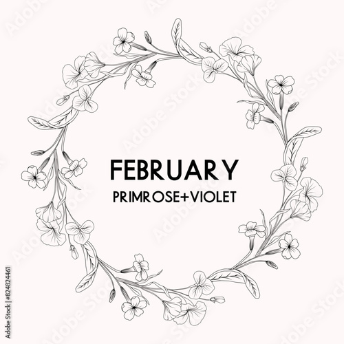 Obraz na płótnie February birth month flower wreath, primrose and violet flower border, vector hand drawn isolated line art botanical frame for greeting cards and invitations w salonie