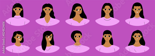 Set of user profiles. Smiling black woman avatar collection. Chat icons, different faces. Isolated flat illustrations bundle.