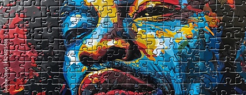 Colorful puzzle of a man's face. The puzzle is a metaphor for the complexity of human identity, and how we are all made up of many different parts.