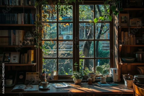 Warm, sunlit home library with a collection of books, plants by the window, and a peaceful atmosphere