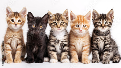 Five cute kittens on white background. Adorable portrait of five fluffy kittens sitting together on a white background. Perfect for pet adoption or animal shelter campaigns. © kosarit