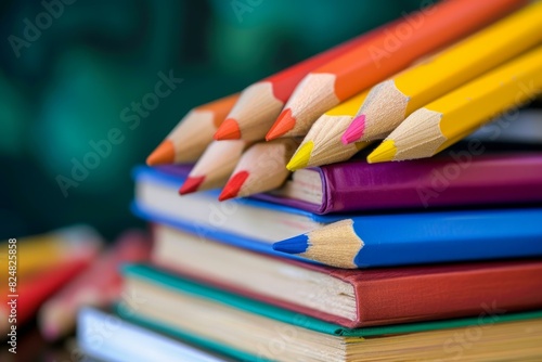 A close-up shot of bright colored pencils atop a pile of books with a blurred background
