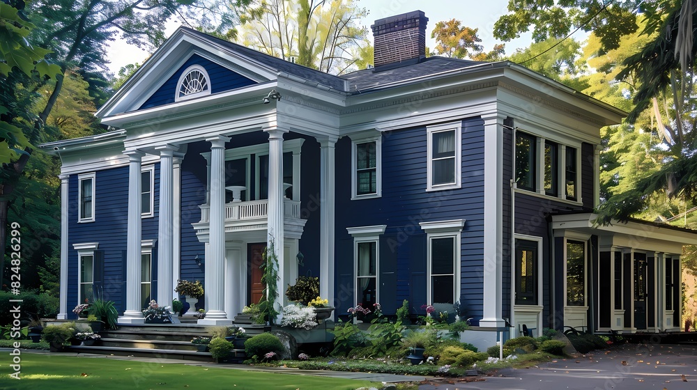 Craft man house exterior painted in deep blue paint and white columns