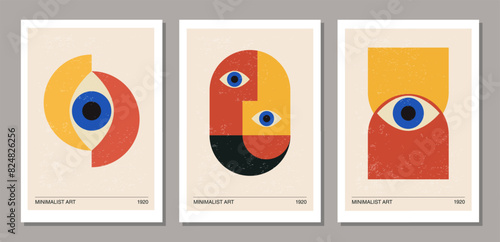 Set of minimalist 20s geometric design poster with stylized face