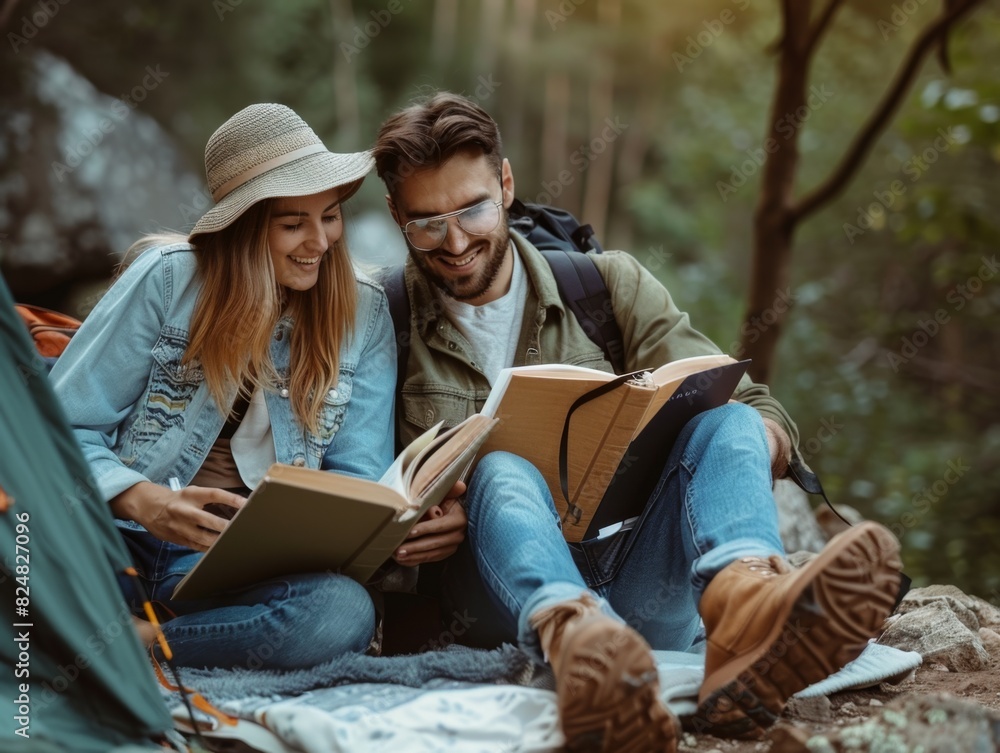 Happy Couple Reading Books While Camping in the Wilderness - 4K Wallpaper

