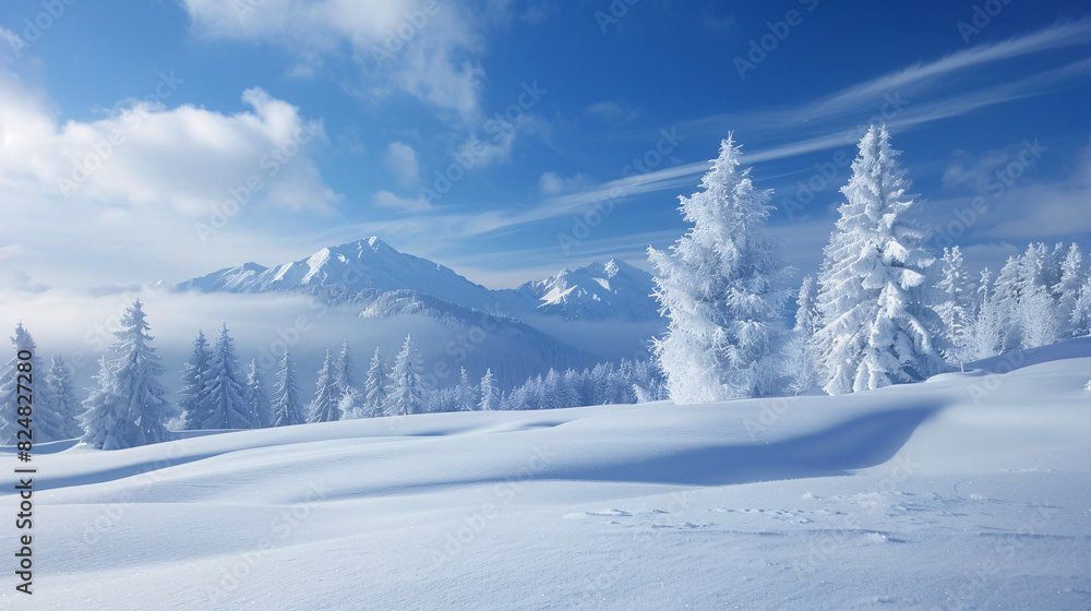 Fototapeta premium Winter wonderland. Breathtaking winter scene with snow-covered mountains, pristine white snow, and frost-covered trees under a blue sky.