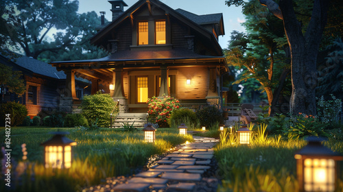 A Craftsman house with a front garden lit by vintage-style lanterns, the warm light casting soft shadows  © Adnan Haider