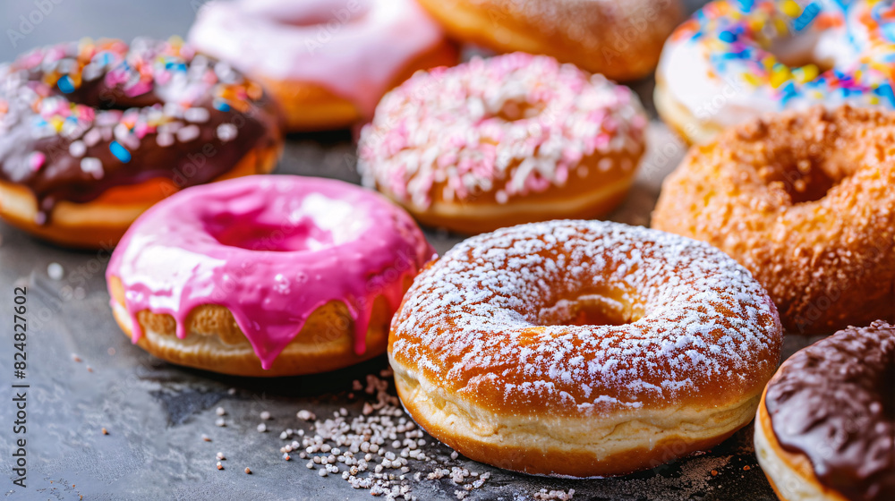 Delicious variety of donuts. Mouthwatering assortment of freshly baked donuts with various toppings, perfect for bakery, dessert, and food photography projects.