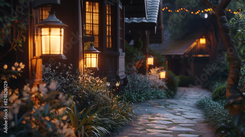 A Craftsman house with a pathway lined by antique gas lamps  the flames flickering and clear 