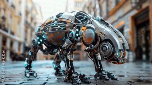 Robotic animals futuristic with metal details on the city background.