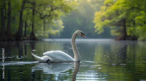 In the tranquility of spring  a swan swims peacefully on a lake  embraced by a vibrant green forest.