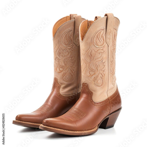 Pair of elegant cowboy boots on white background