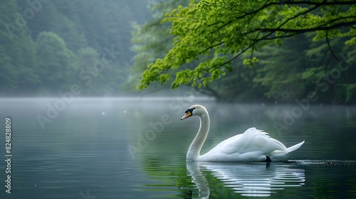 A swan on a calm lake with a backdrop of a green forest  capturing the essence of spring s renewal.