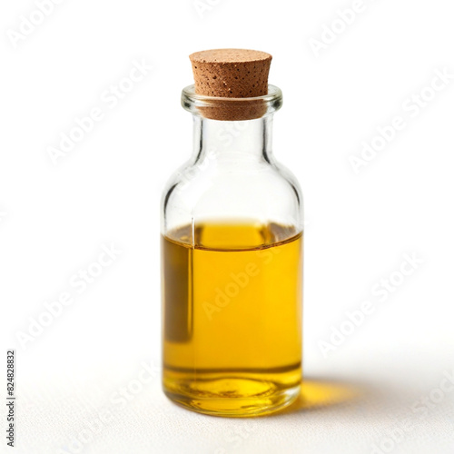Glass bottle with amber liquid and cork stopper