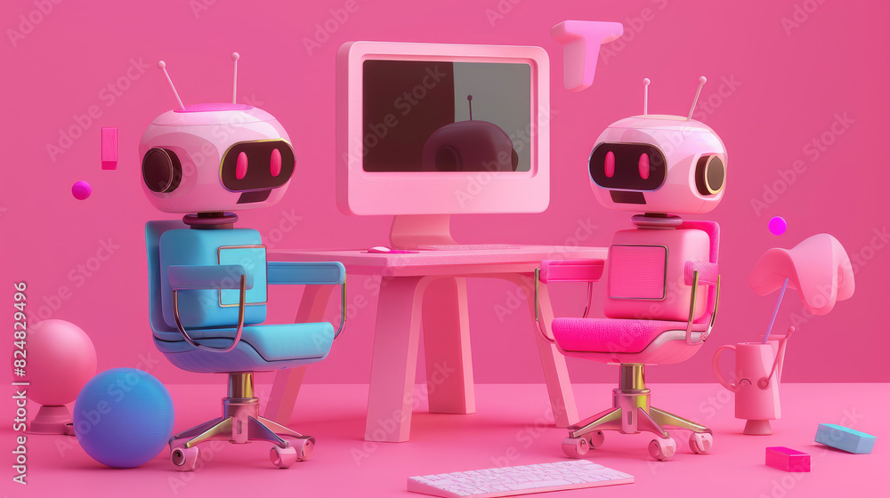 3D Illustration of AI Chatbot Sitting and Chatting on Computer