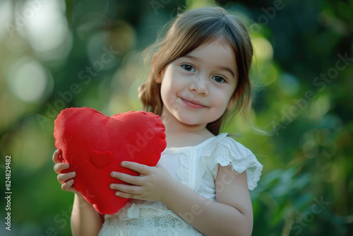 A young girl holding out her hand with an oversized red heart-shaped pillow, radiating happiness and love on Valentine's Day in the park