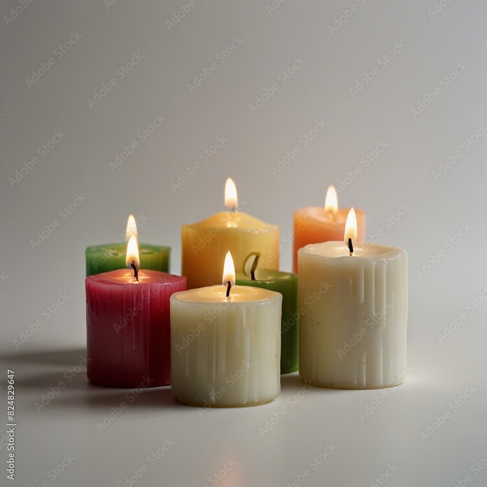 Array of lit colorful candles against a soft white background, conveying calmness Array of lit colorful candles against a soft white background, conveying calmness