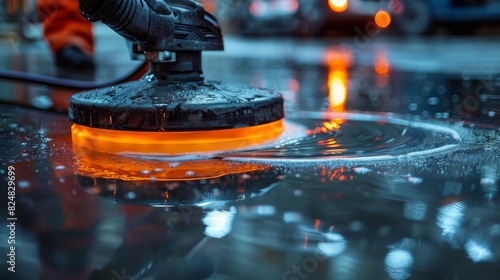 Close-up detail of a worker using a floor cleaning machine with orange illuminations in a commercial space