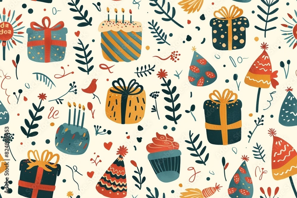 Watercolor happy birthday pattern with gift bowes and cakes Watercolor happy birthday pattern with gift bowes and cakes