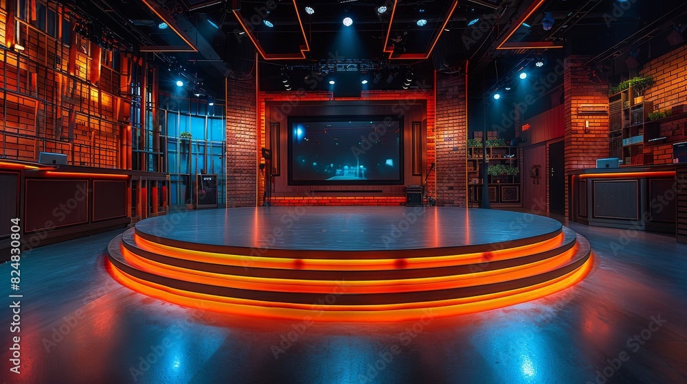 An empty circular stage with warm orange lighting provides a versatile setting for various events and performances