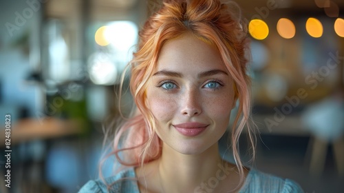 Close-up of a woman with peach-colored hair and striking blue eyes in a cafe