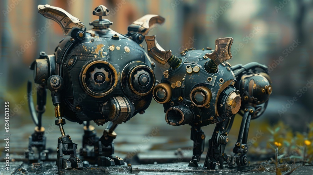 Robotic animals futuristic with metal details on the city background. Robotic animals futuristic with metal details on the city background.