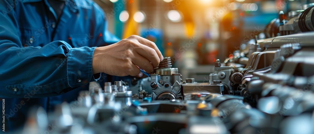Engineer adjusting machine components in a factory setting. Focus on precision and technology in the manufacturing process. Engineer adjusting machine components in a factory setting. Focus on precision and technology in the manufacturing process.
