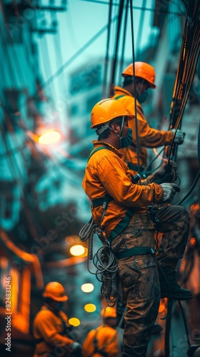 Electrical workers wearing safety gear, repairing power lines at dusk with multi-story buildings in the background and bokeh lights.