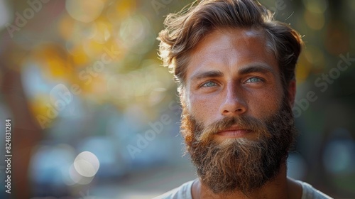 Close-up of a suave man with beard and ocean-colored eyes in natural light photo