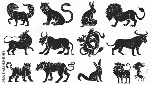 Chinese horoscope silhouettes. Chinese zodiac animals photo