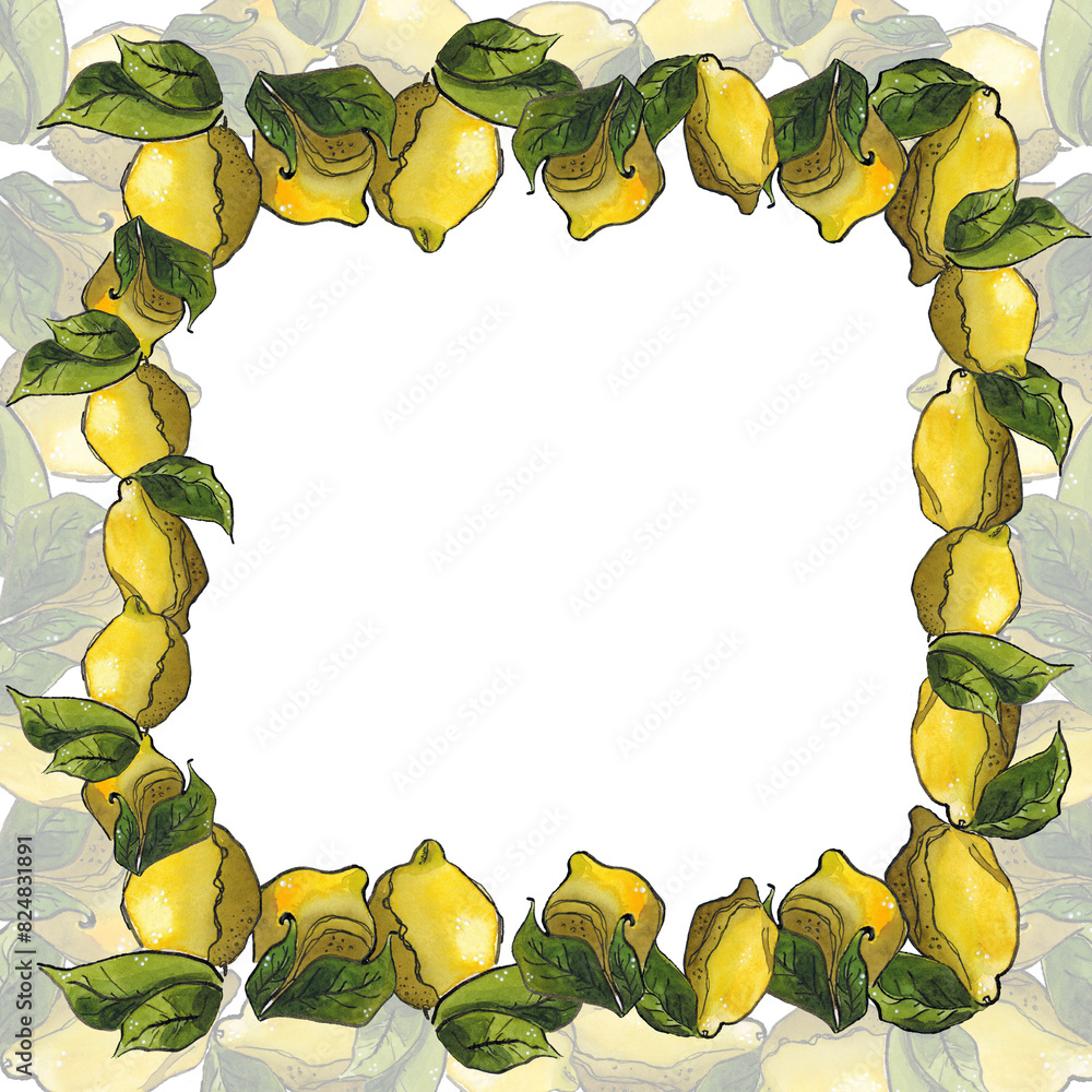 Square frame of lemons and green leaves with transparent lemons on a ...