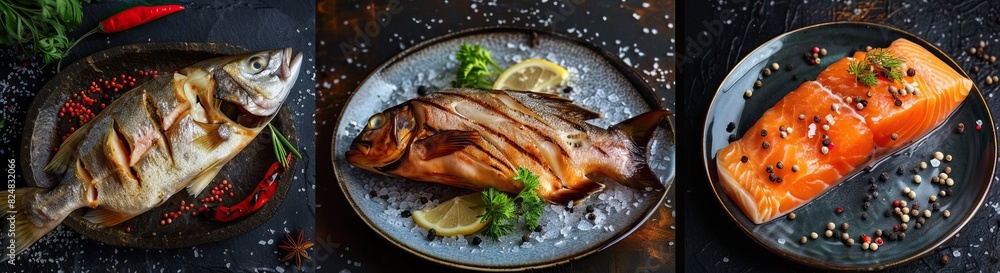 A selection of deliciously cooked fish varieties including grilled, fried, and boiled for juicy and appetizing meals. Perfect for food-related content and seafood enthusiasts.