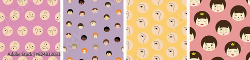 Four creative patterns pack, nice girlish faces. Continuous flat illustration, feminine image, multipurpose use.