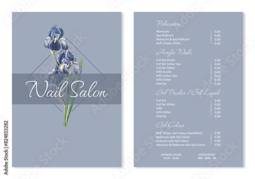 Vector Illustration sticker business card for nail salon decorated with botanical art texture with pricelist and special offer. A4 printable template