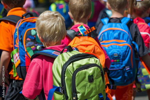 A group of young children, viewed from the back, wearing vibrant and colorful backpacks.