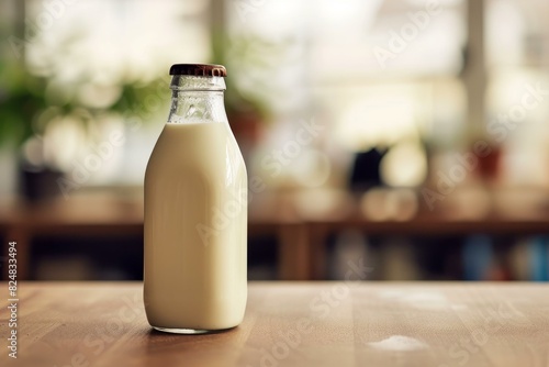 Classic glass milk bottle filled with fresh milk, standing on a wooden tabletop with a blurry background photo