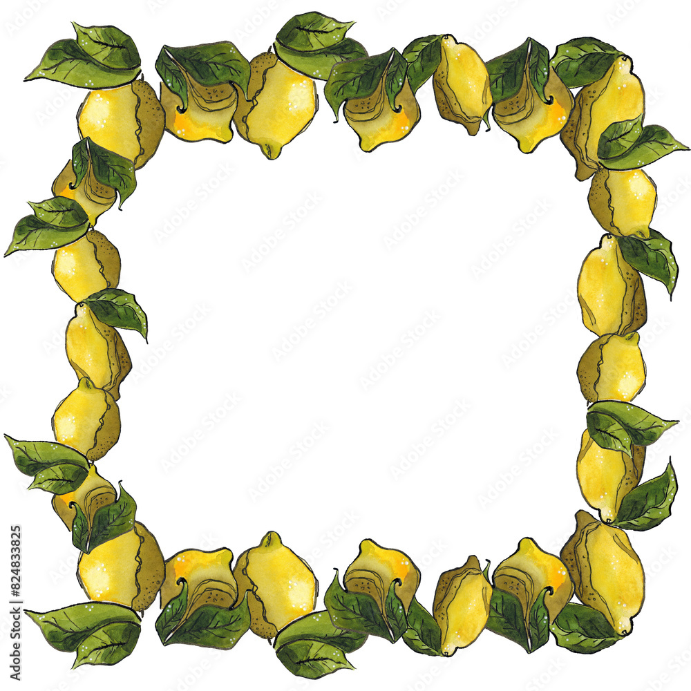 Square frame of lemons and green leaves on a white background ...