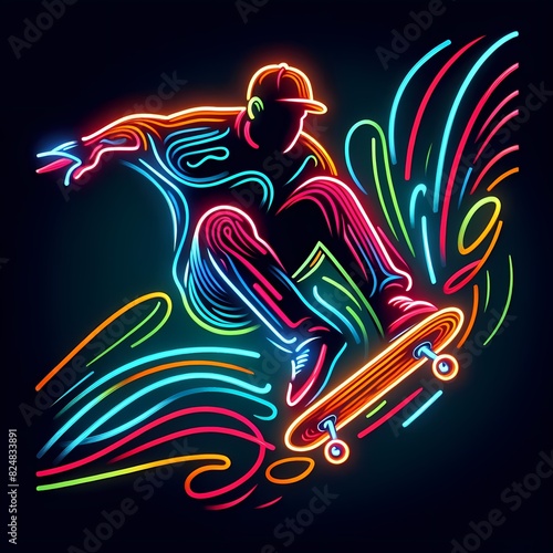 Neon Skateboarder Performing a Trick