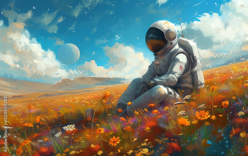 Astronaut in a meadow with beautiful flowers Astronaut in a meadow with beautiful flowers
